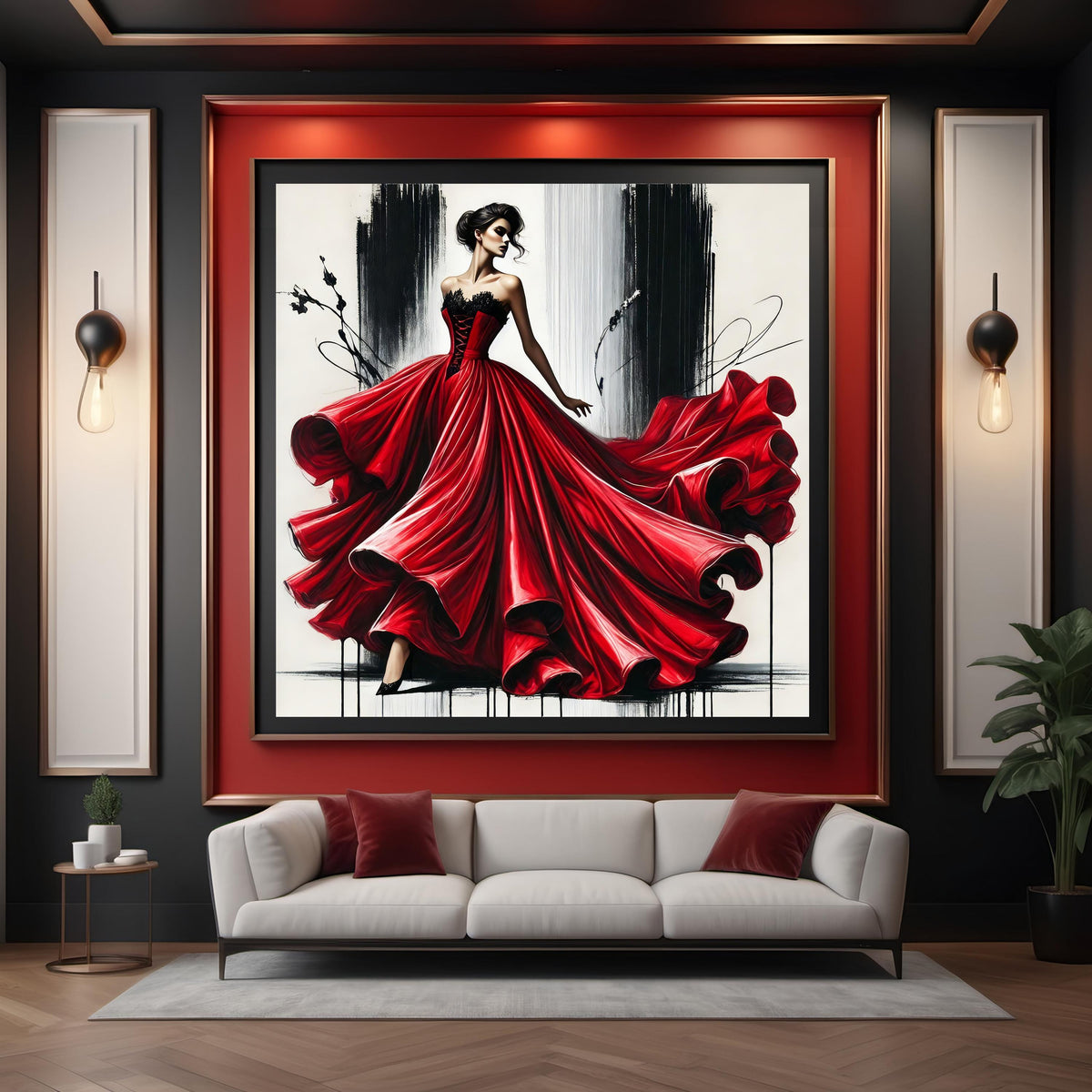 Red Satin Gown Fashion Illustration: Elegant Haute Couture Art (Digital Print)