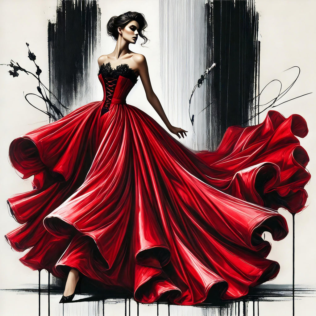 Red Satin Gown Fashion Illustration: Elegant Haute Couture Art (Digital Print)