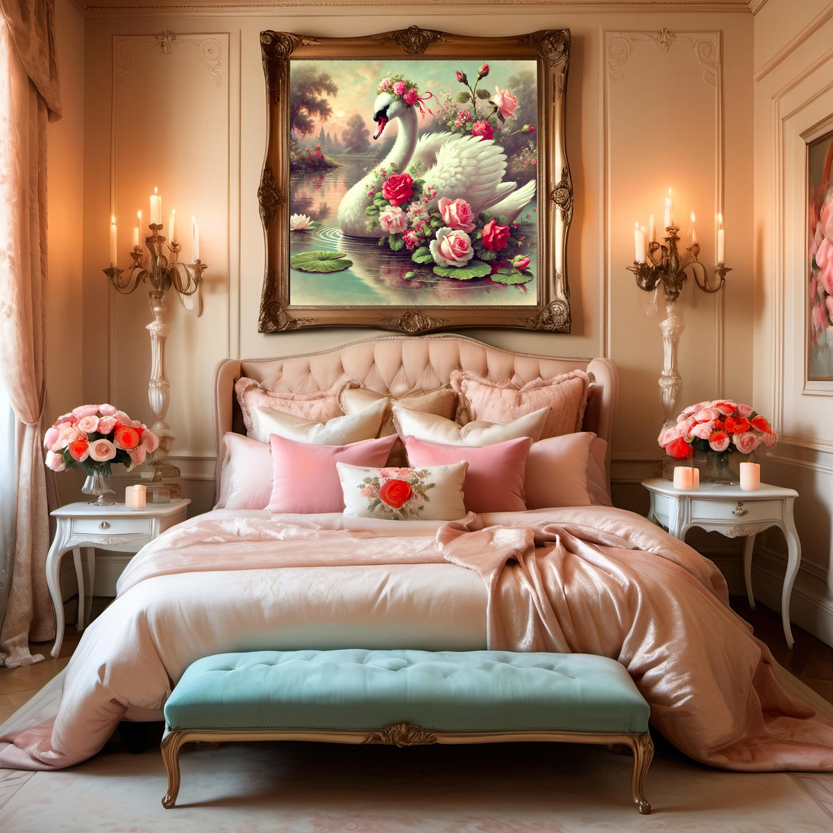 Vintage Swan & Roses Wall Art: Romantic Floral Lake Scene (Digital Download)