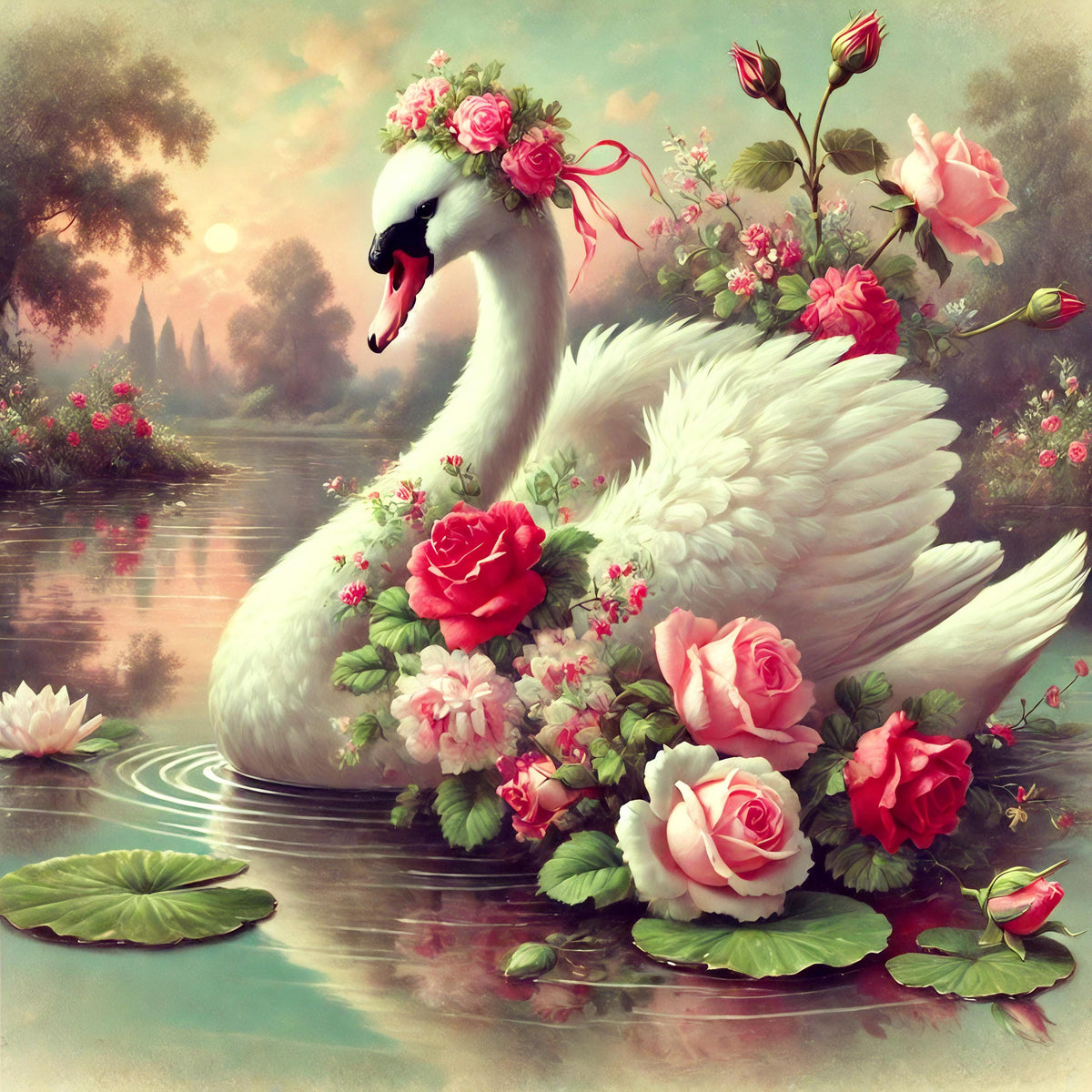 Vintage Swan & Roses Wall Art: Romantic Floral Lake Scene (Digital Download)