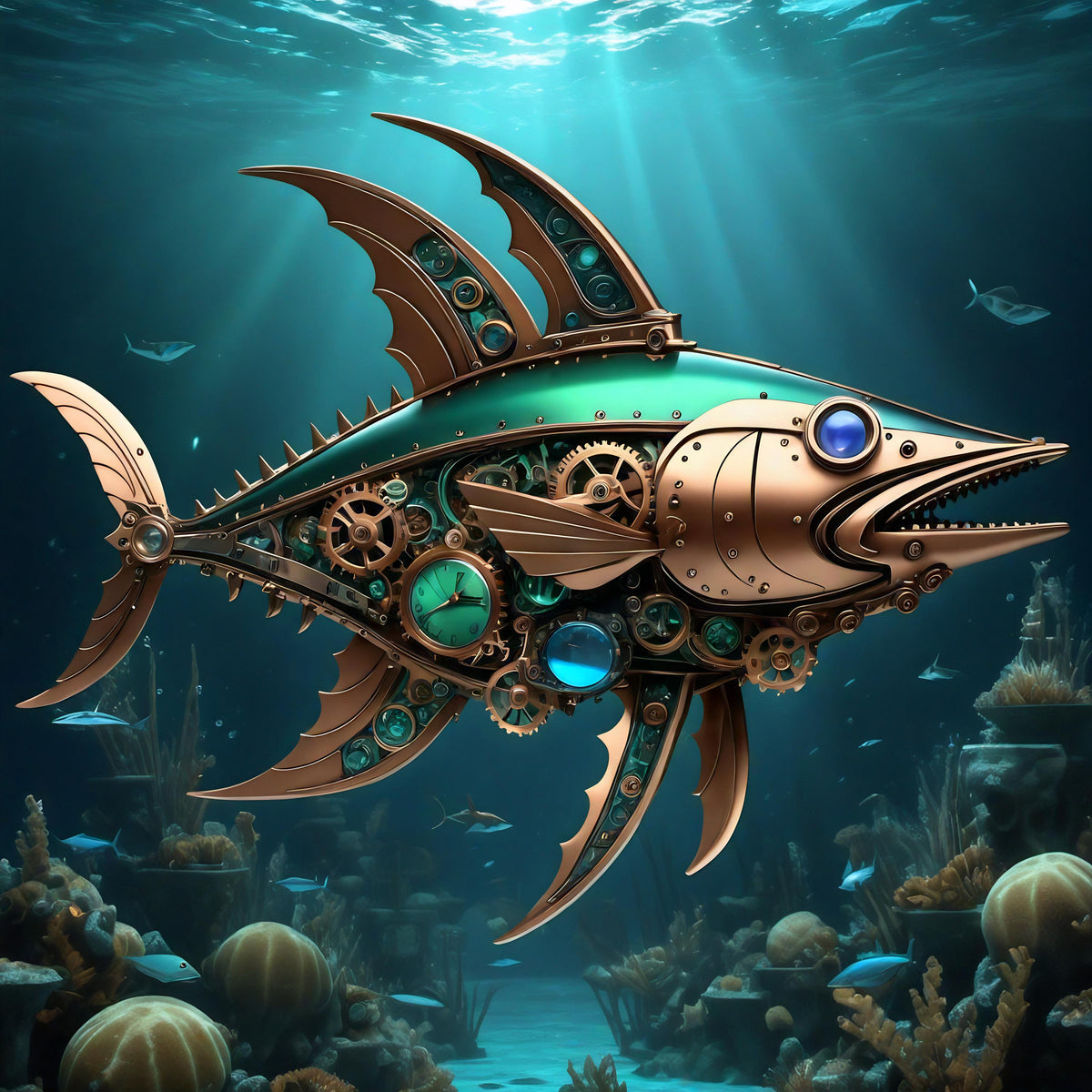 Steampunk Mechanical Fish Art: Nautical Sci-Fi Print (Digital Download)