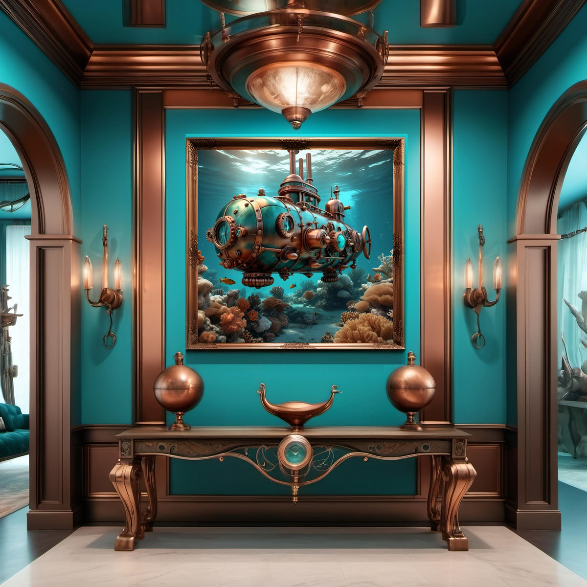 Steampunk Submarine Art Print: Turquoise Bronze Nautical Sci-Fi (Digital Download 40x40 inches)