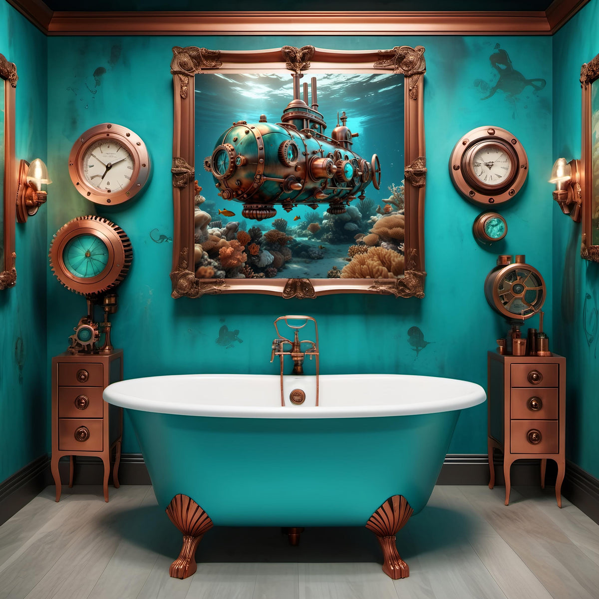 Steampunk Submarine Art Print: Turquoise Bronze Nautical Sci-Fi (Digital Download 40x40 inches)