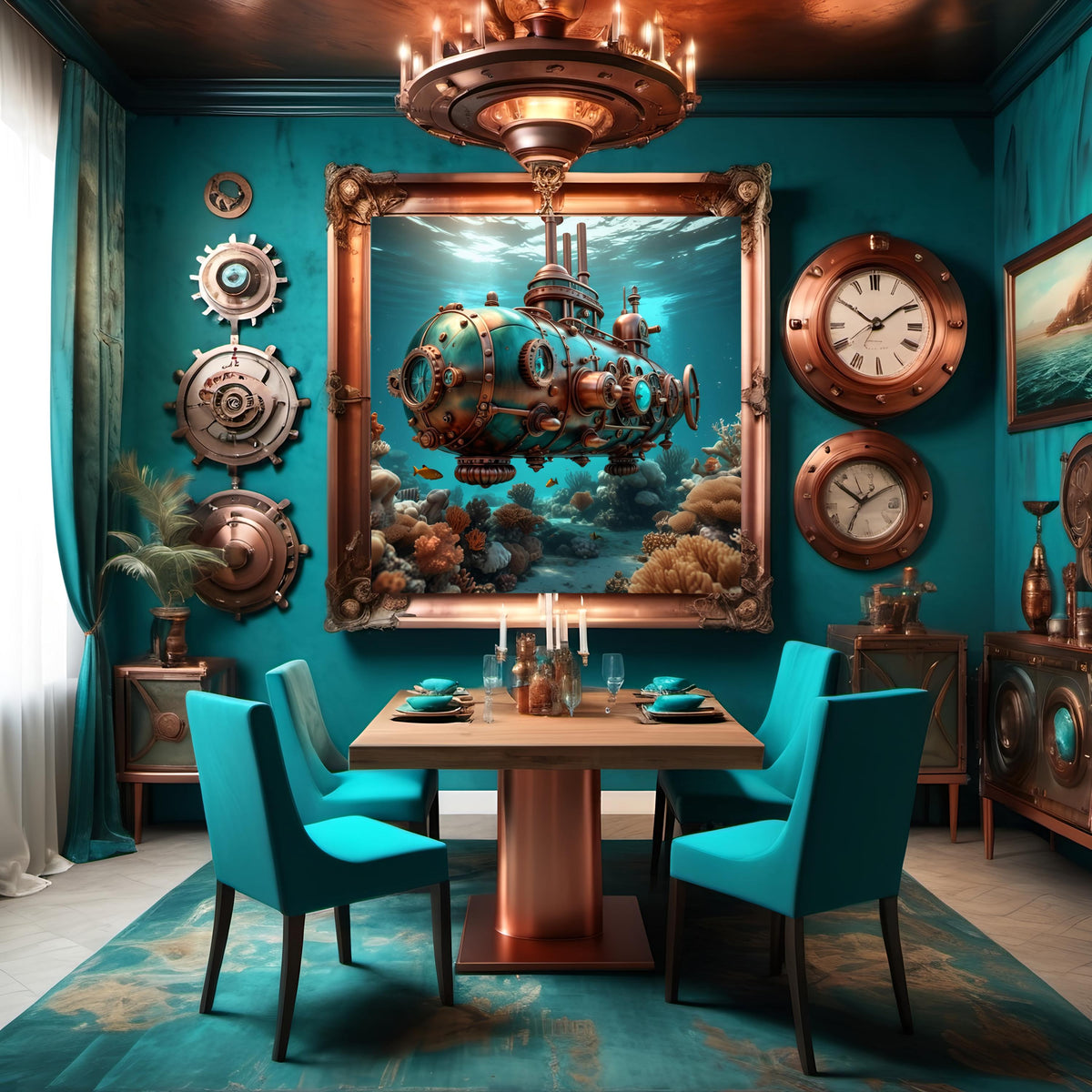 Steampunk Submarine Art Print: Turquoise Bronze Nautical Sci-Fi (Digital Download 40x40 inches)