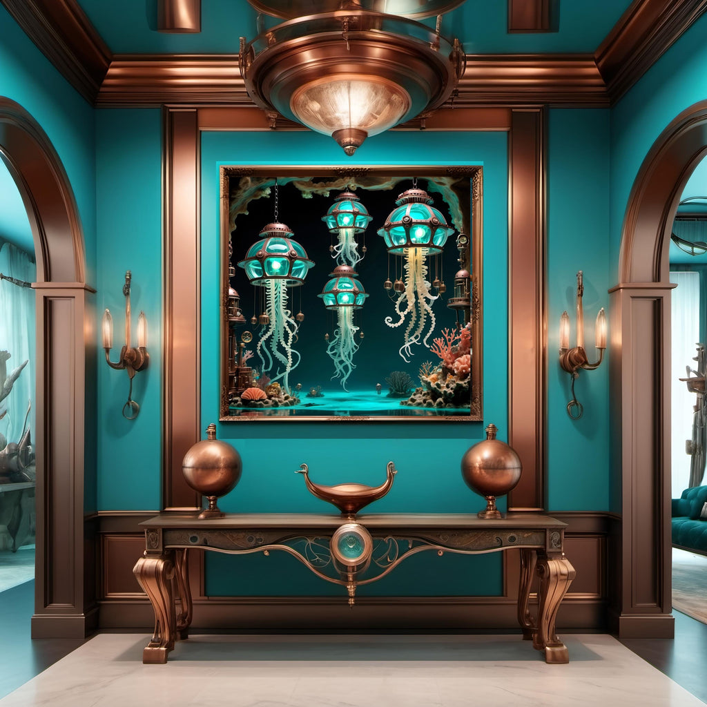 Steampunk Jellyfish Lantern Print: Turquoise Bronze Nautical Sci-Fi Art (Digital Download)