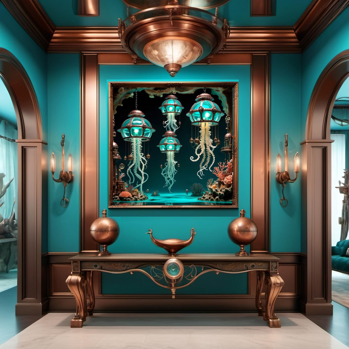 Steampunk Jellyfish Lantern Print: Turquoise Bronze Nautical Sci-Fi Art (Digital Download)