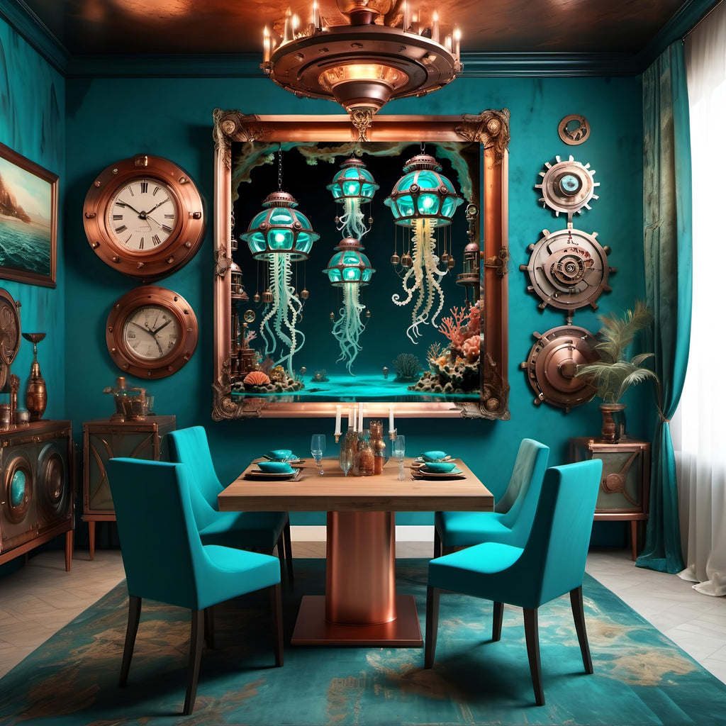 Steampunk Jellyfish Lantern Print: Turquoise Bronze Nautical Sci-Fi Art (Digital Download)