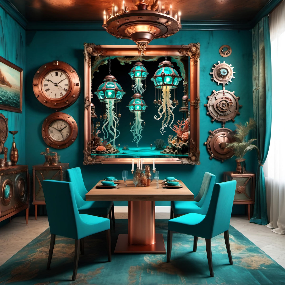 Steampunk Jellyfish Lantern Print: Turquoise Bronze Nautical Sci-Fi Art (Digital Download)