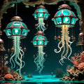 Steampunk Jellyfish Lantern Print: Turquoise Bronze Nautical Sci-Fi Art (Digital Download)
