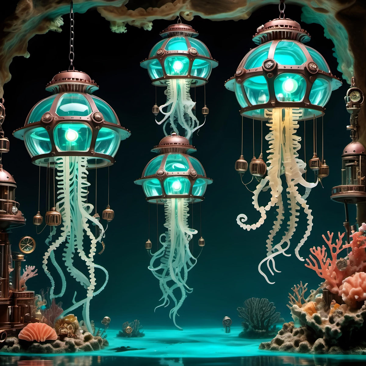 Steampunk Jellyfish Lantern Print: Turquoise Bronze Nautical Sci-Fi Art (Digital Download)
