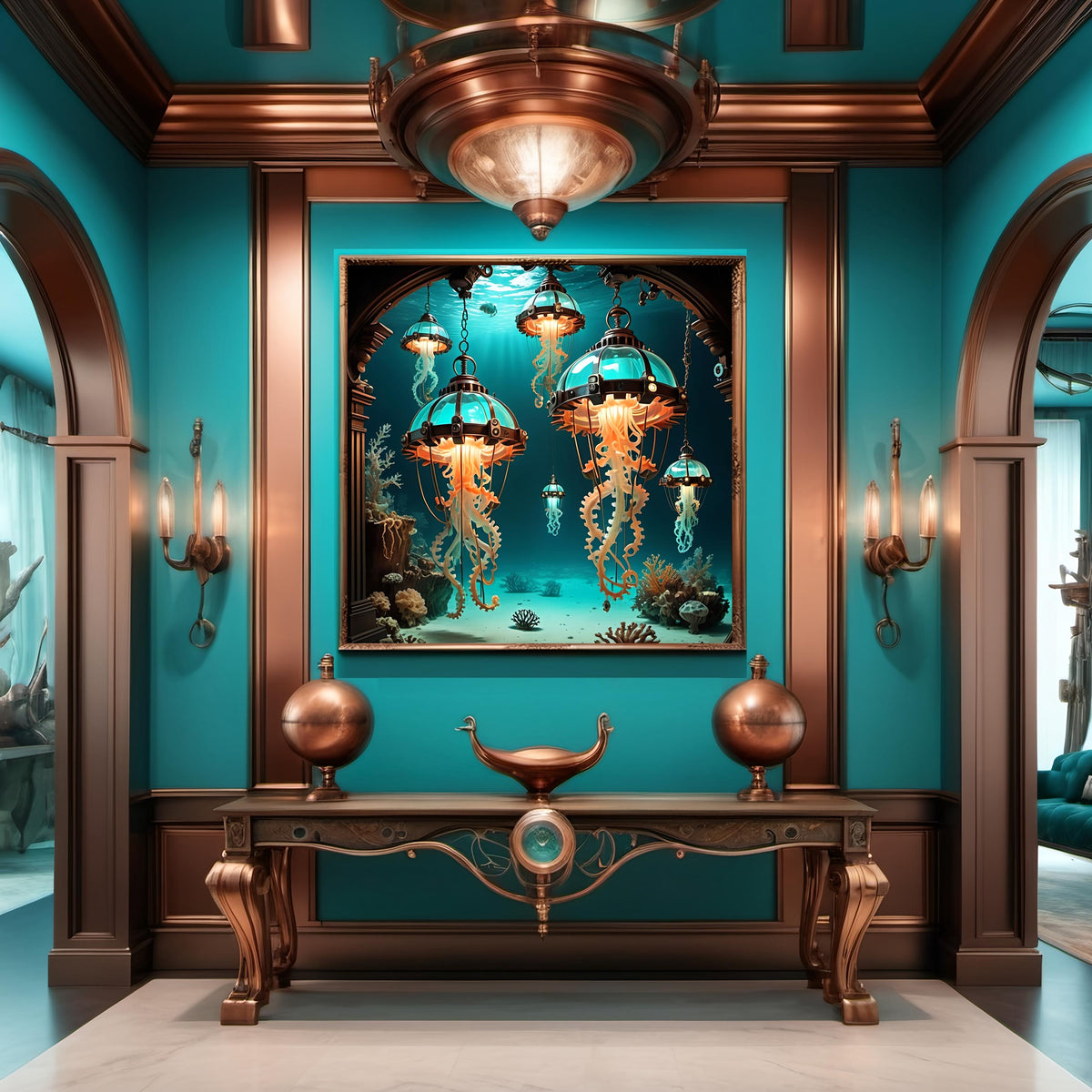 Steampunk Jellyfish Lantern Art: Turquoise Bronze Sci-Fi Print (Digital Download)