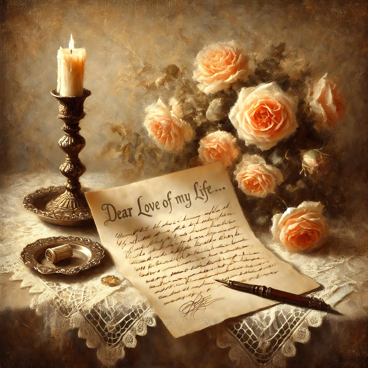 Vintage Love Letter Print: Romantic Roses, Candle Still Life (Digital Download)