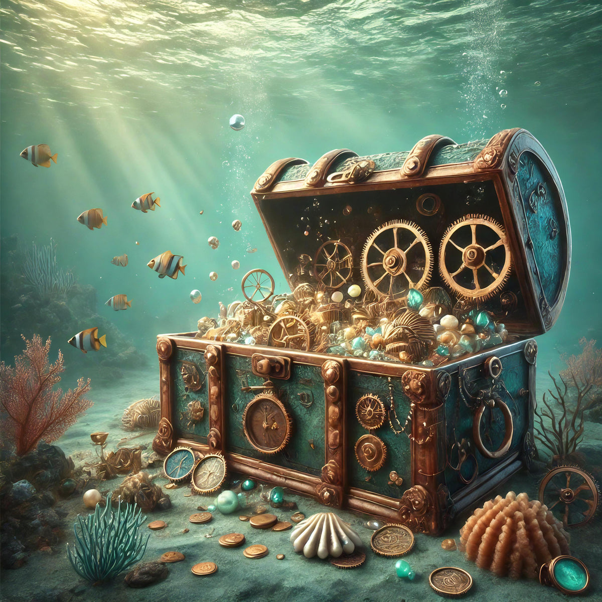 Steampunk Treasure Chest Underwater Scene: Digital Wall Art (Digital Print)