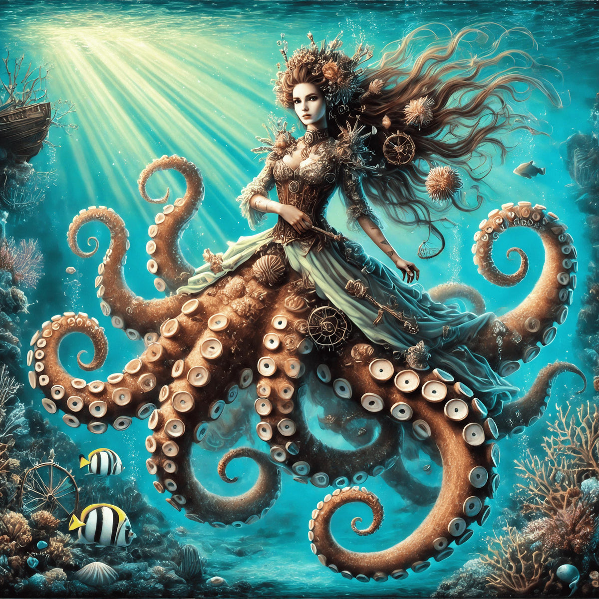 Steampunk Octopus Queen Art Print: Nautical Fantasy Decor (Digital Download)