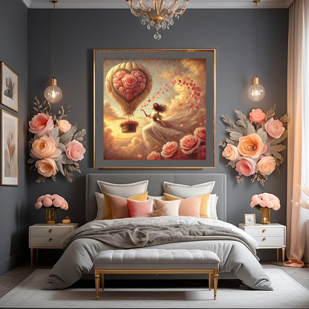 Vintage Valentine's Day Print: Romantic Hot Air Balloon Rose Art (Digital Download)