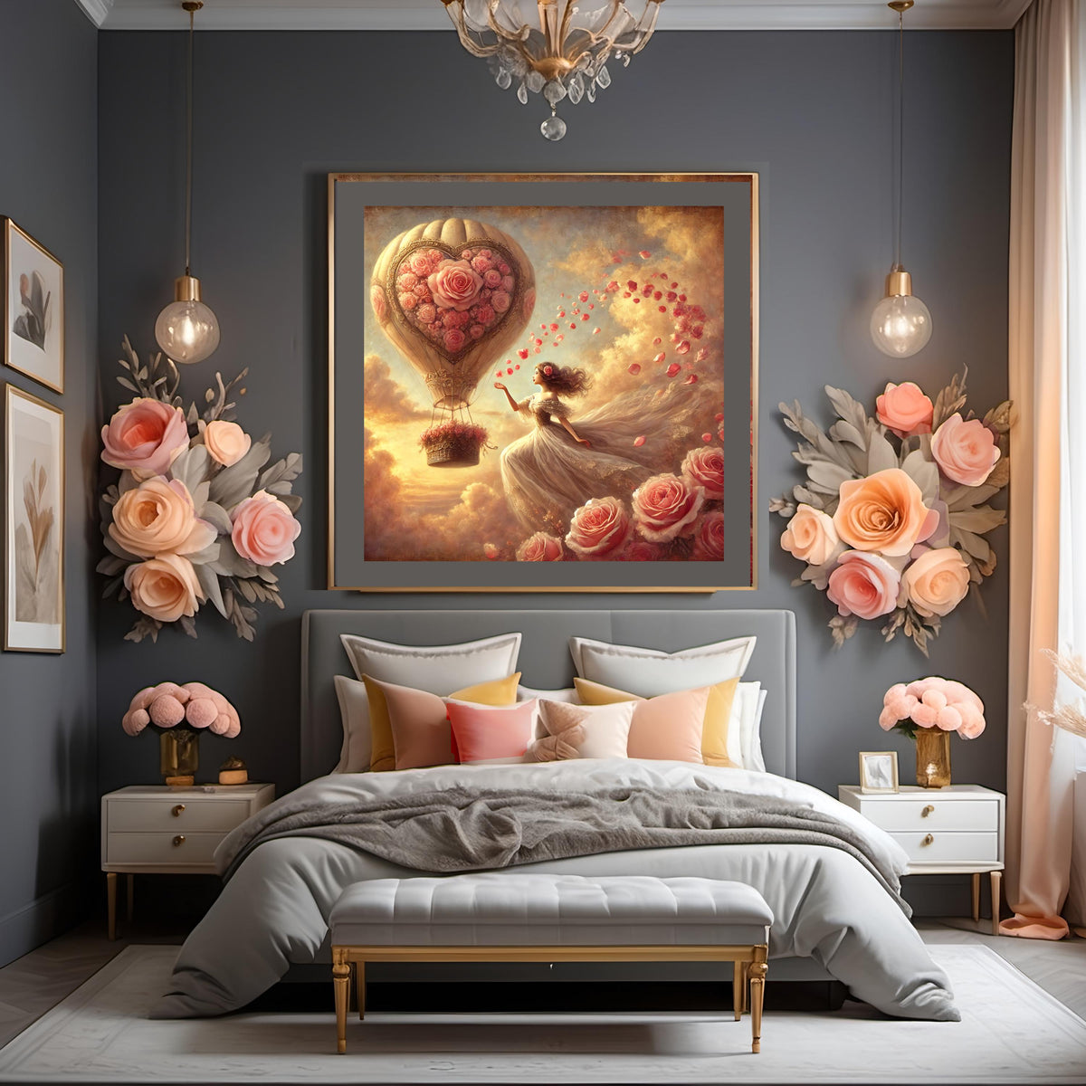 Vintage Valentine's Day Print: Romantic Hot Air Balloon Rose Art (Digital Download)