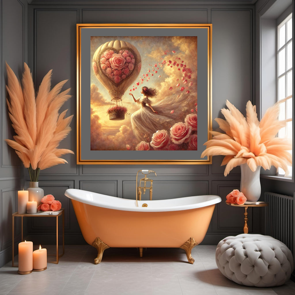 Vintage Valentine's Day Print: Romantic Hot Air Balloon Rose Art (Digital Download)