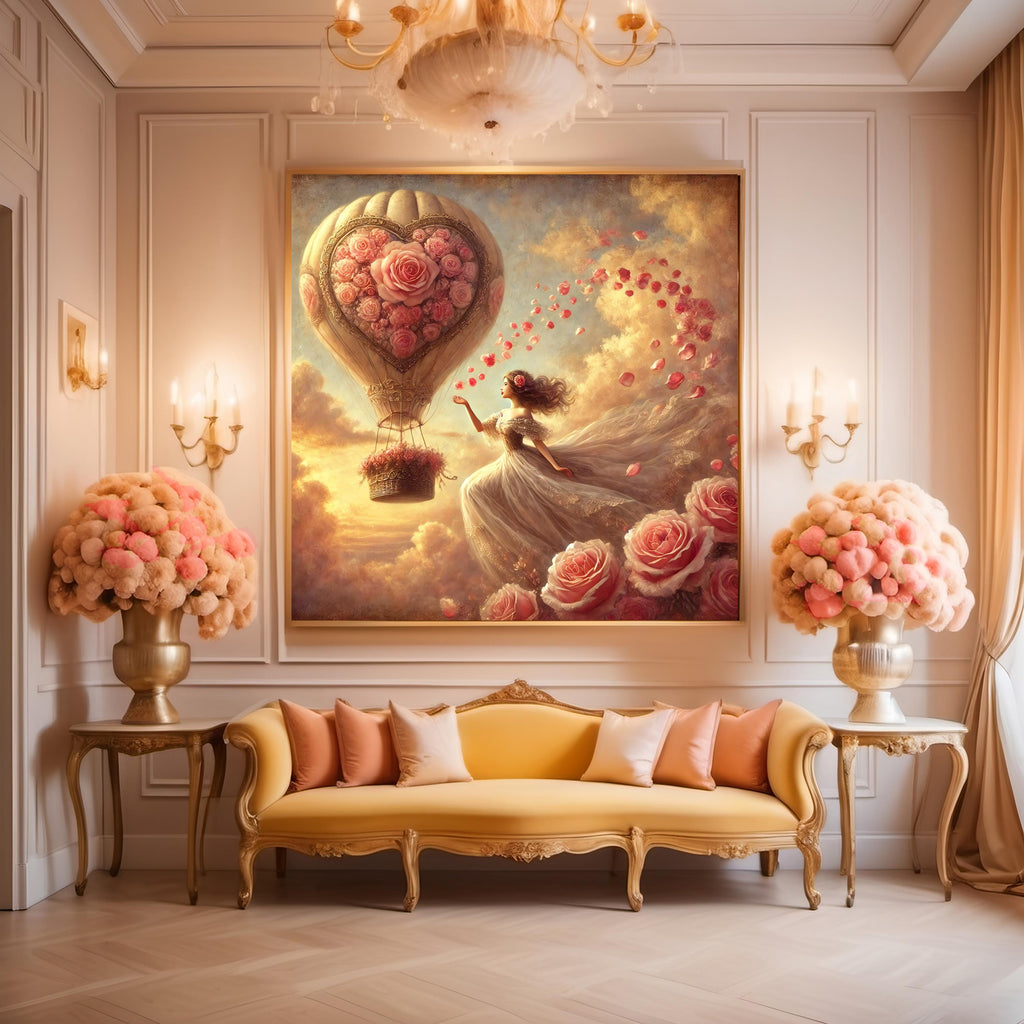 Vintage Valentine's Day Print: Romantic Hot Air Balloon Rose Art (Digital Download)