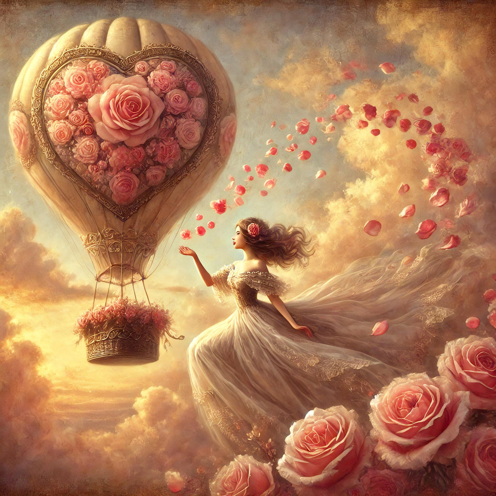 Vintage Valentine's Day Print: Romantic Hot Air Balloon Rose Art (Digital Download)