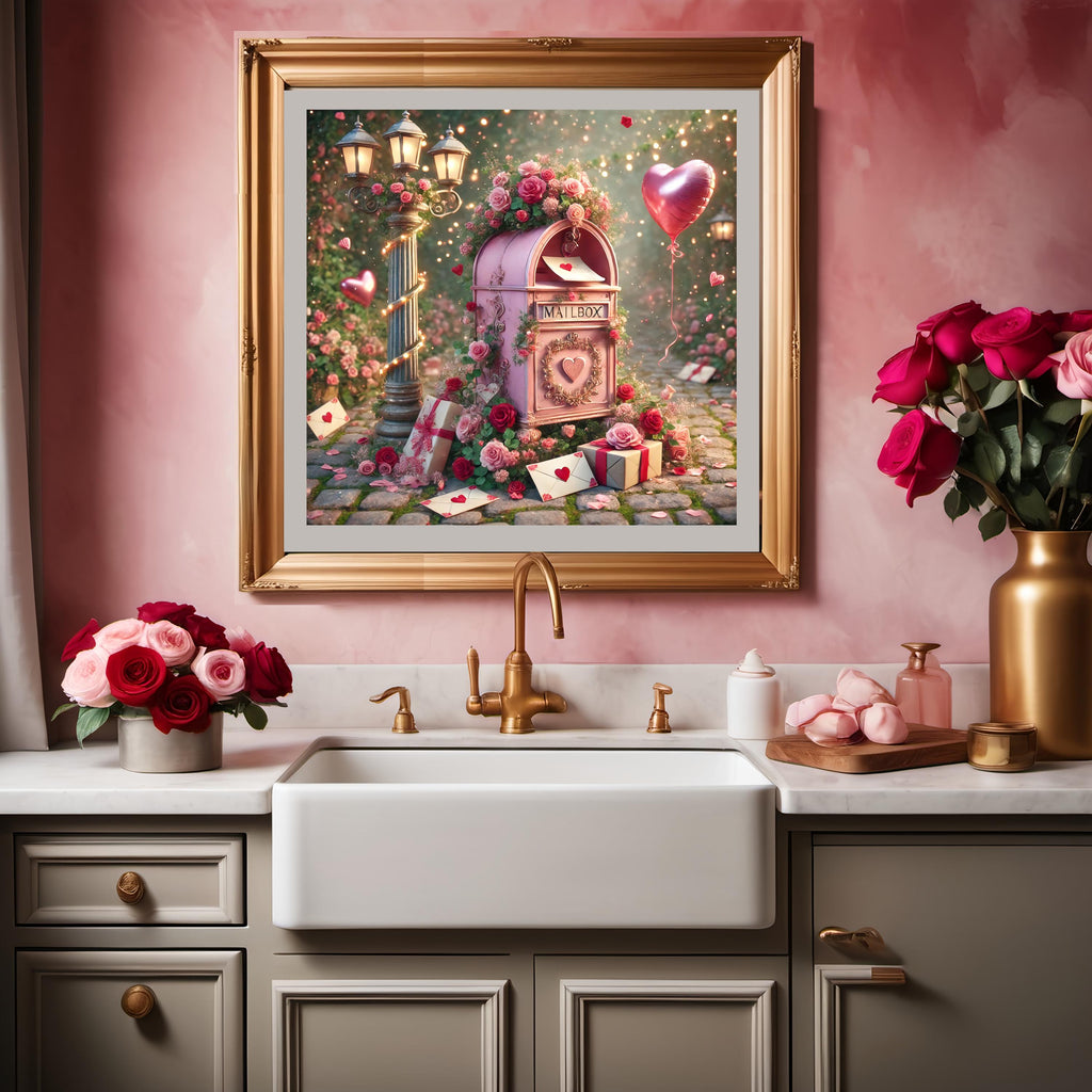 Vintage Valentine Mailbox Scene: Rose Garden Digital Print (Instant Download)
