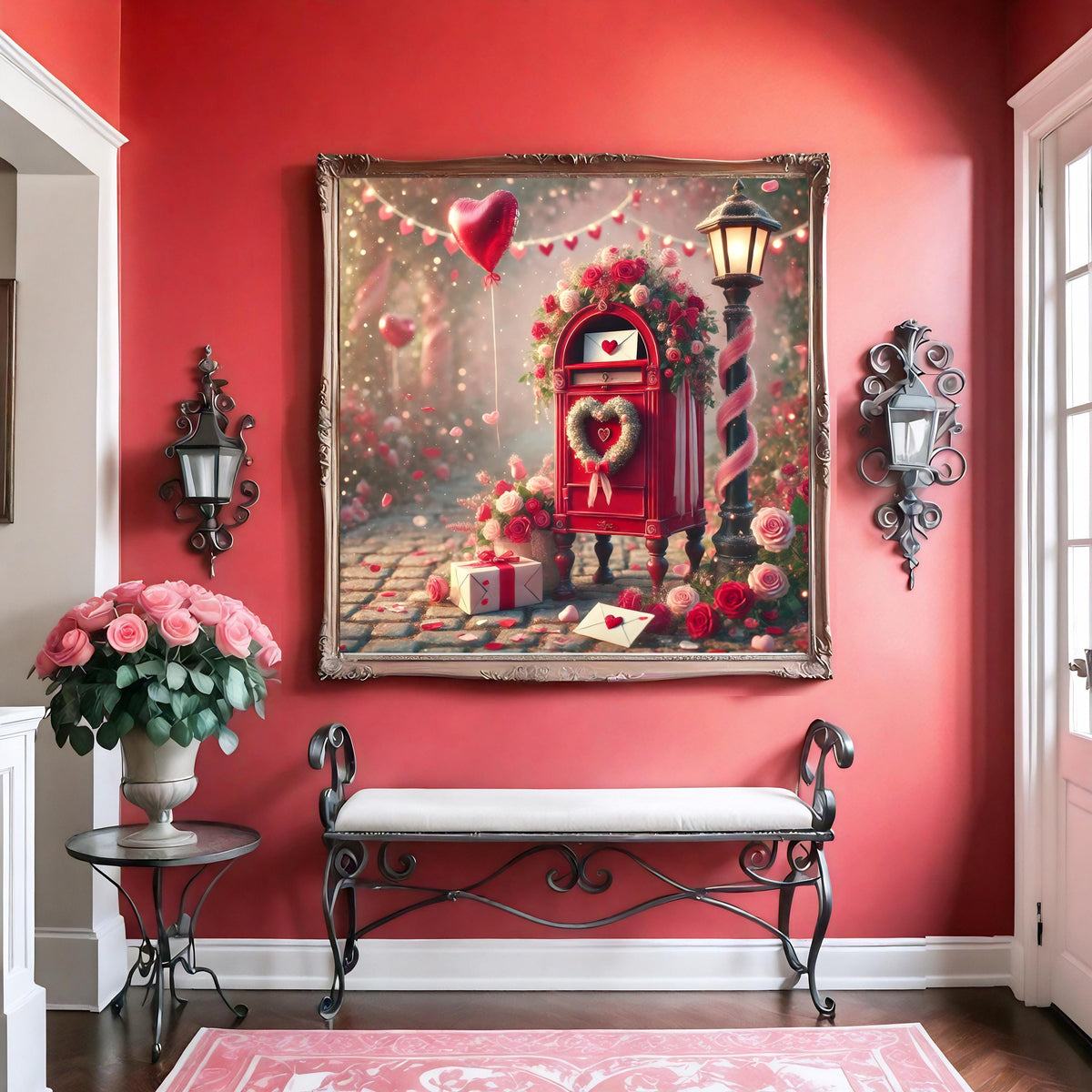 Vintage Valentine's Mailbox Scene: Romantic Rose Garden Digital Print (Instant Download)