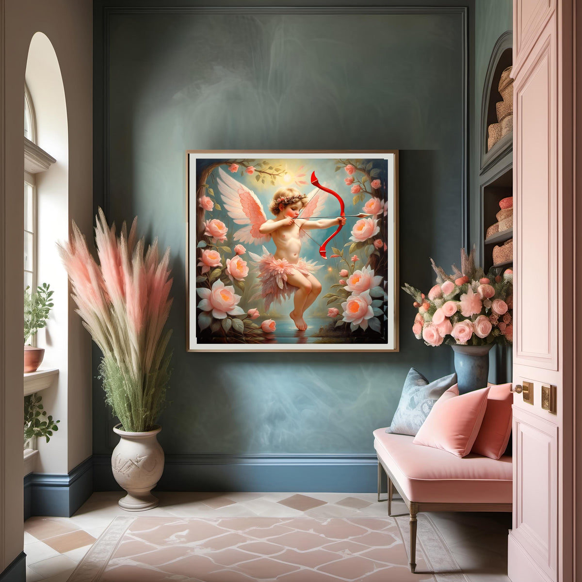 Vintage Cupid Rose Garden Art: Romantic Valentine Print (Digital Download)
