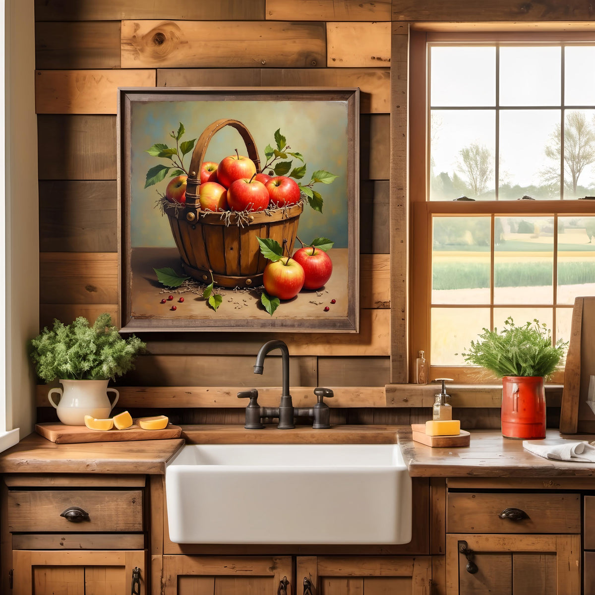 Rustic Apple Basket Print: Vintage Farmhouse Kitchen Wall Art (Digital Download)