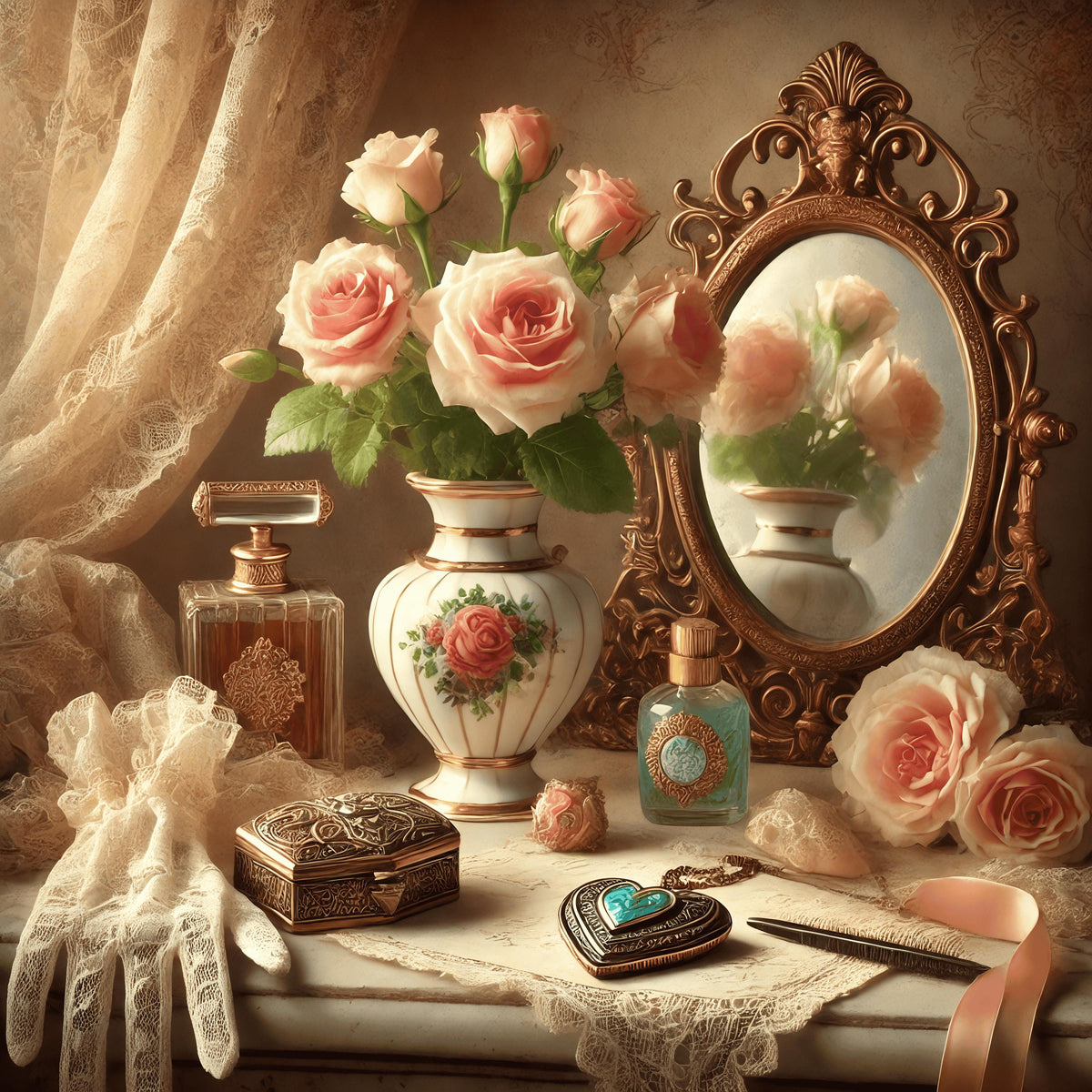 Vintage Vanity Still Life Art Print: Romantic Victorian Valentine Decor (Digital Download)
