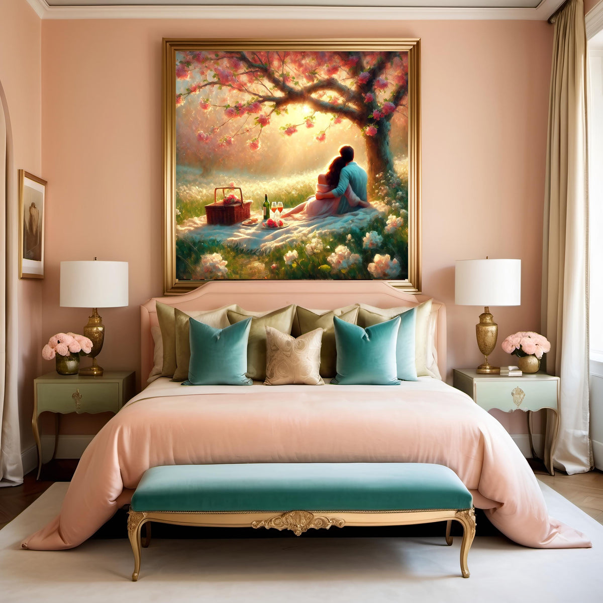 Romantic Couple Picnic Print: Impressionist Pastel Floral Art (Digital Download)
