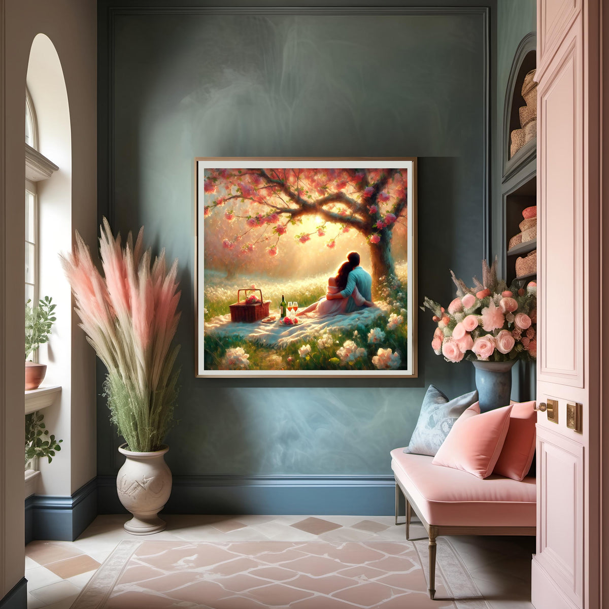 Romantic Couple Picnic Print: Impressionist Pastel Floral Art (Digital Download)
