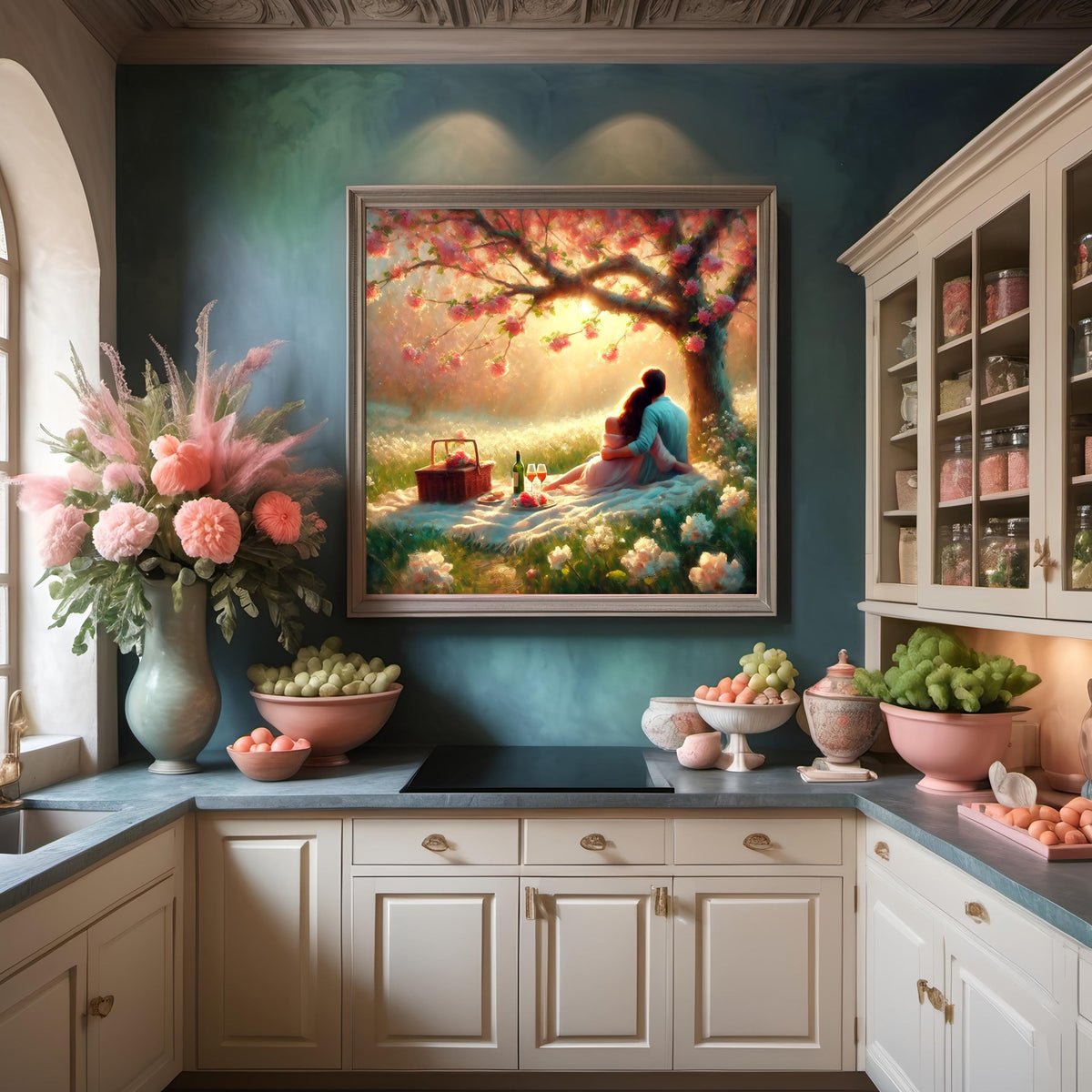 Romantic Couple Picnic Print: Impressionist Pastel Floral Art (Digital Download)