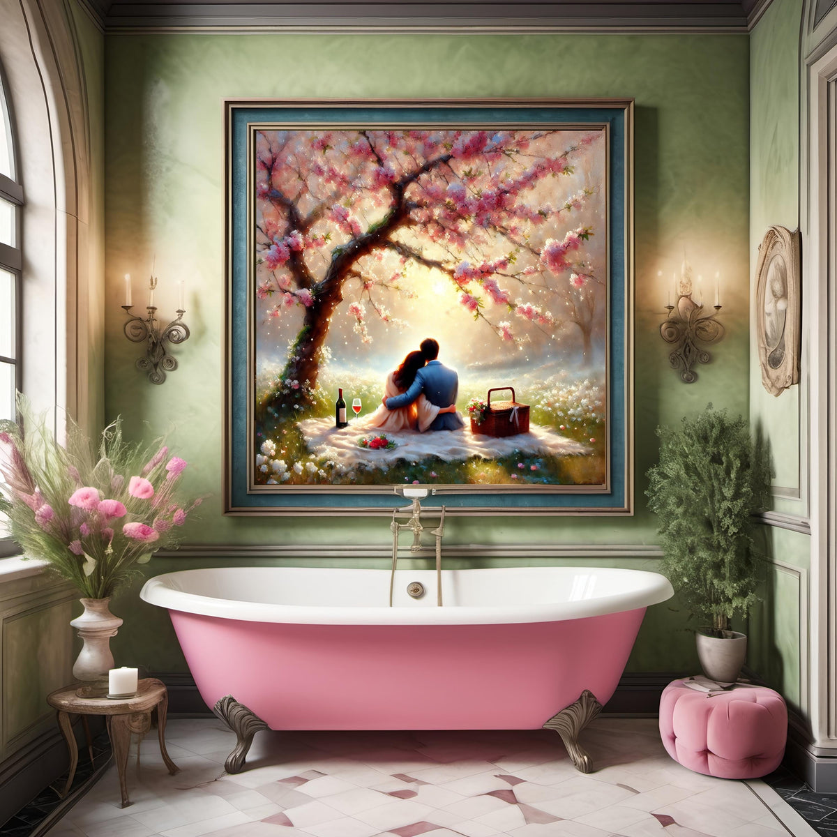 Romantic Picnic Print, Impressionist Couple Under Tree (Digital Download)