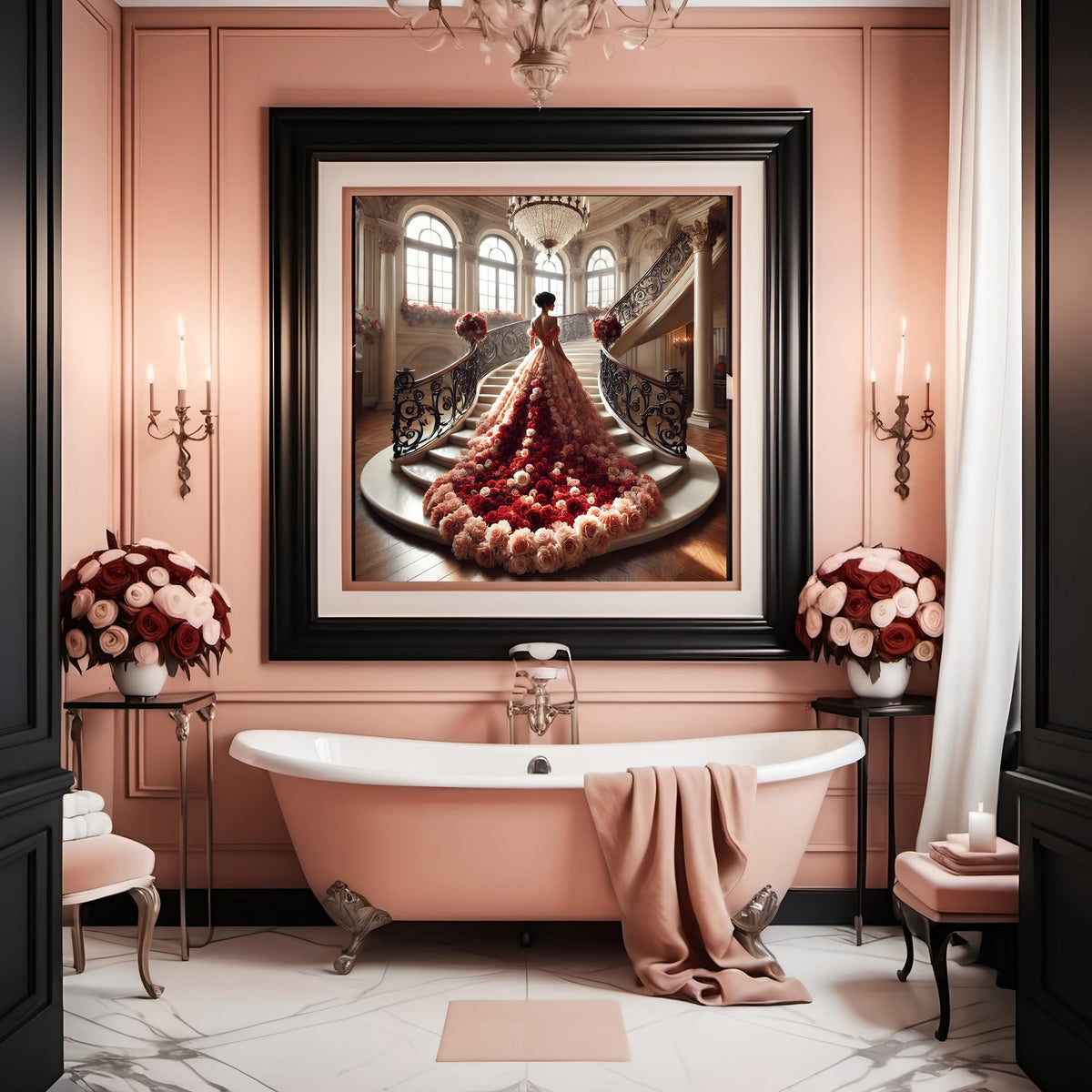 Rose Gown on Grand Staircase: Romantic Couture Art Print (Digital Download)