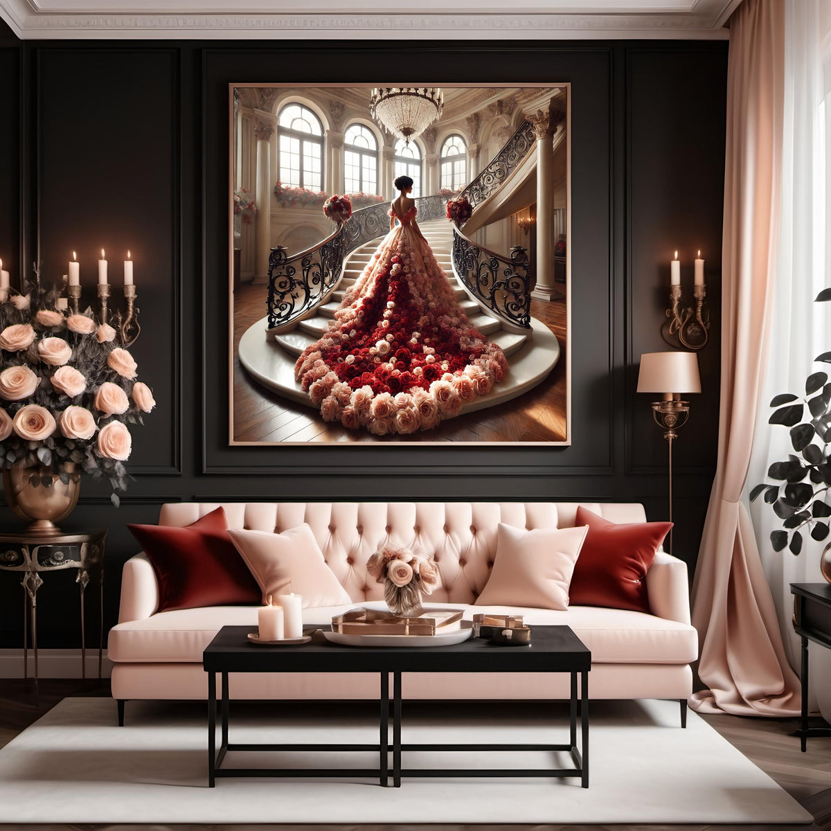 Rose Gown on Grand Staircase: Romantic Couture Art Print (Digital Download)