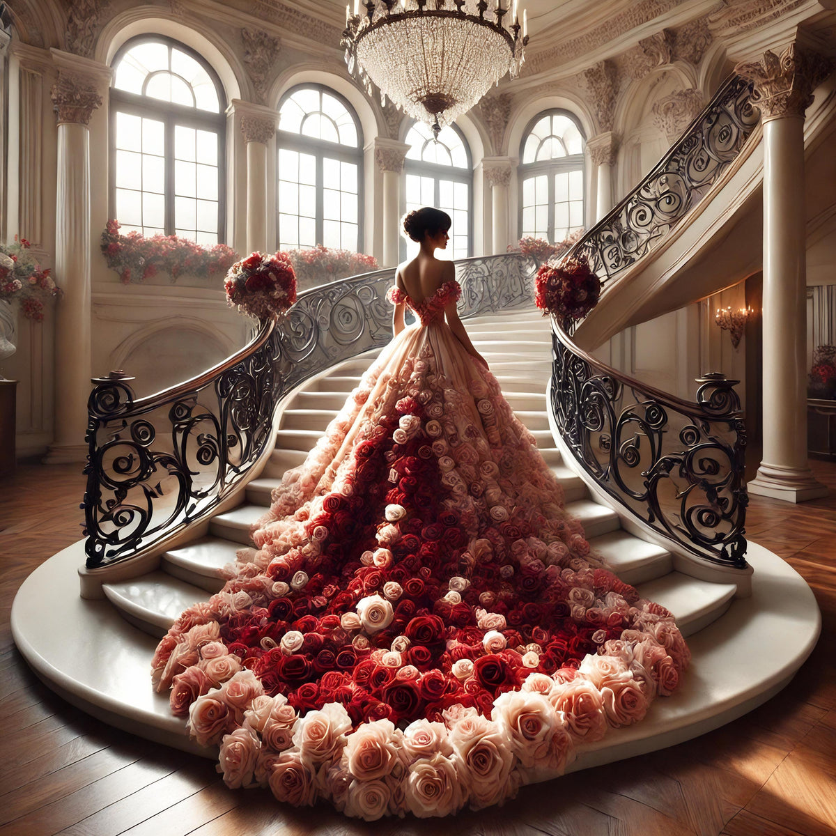 Rose Gown on Grand Staircase: Romantic Couture Art Print (Digital Download)
