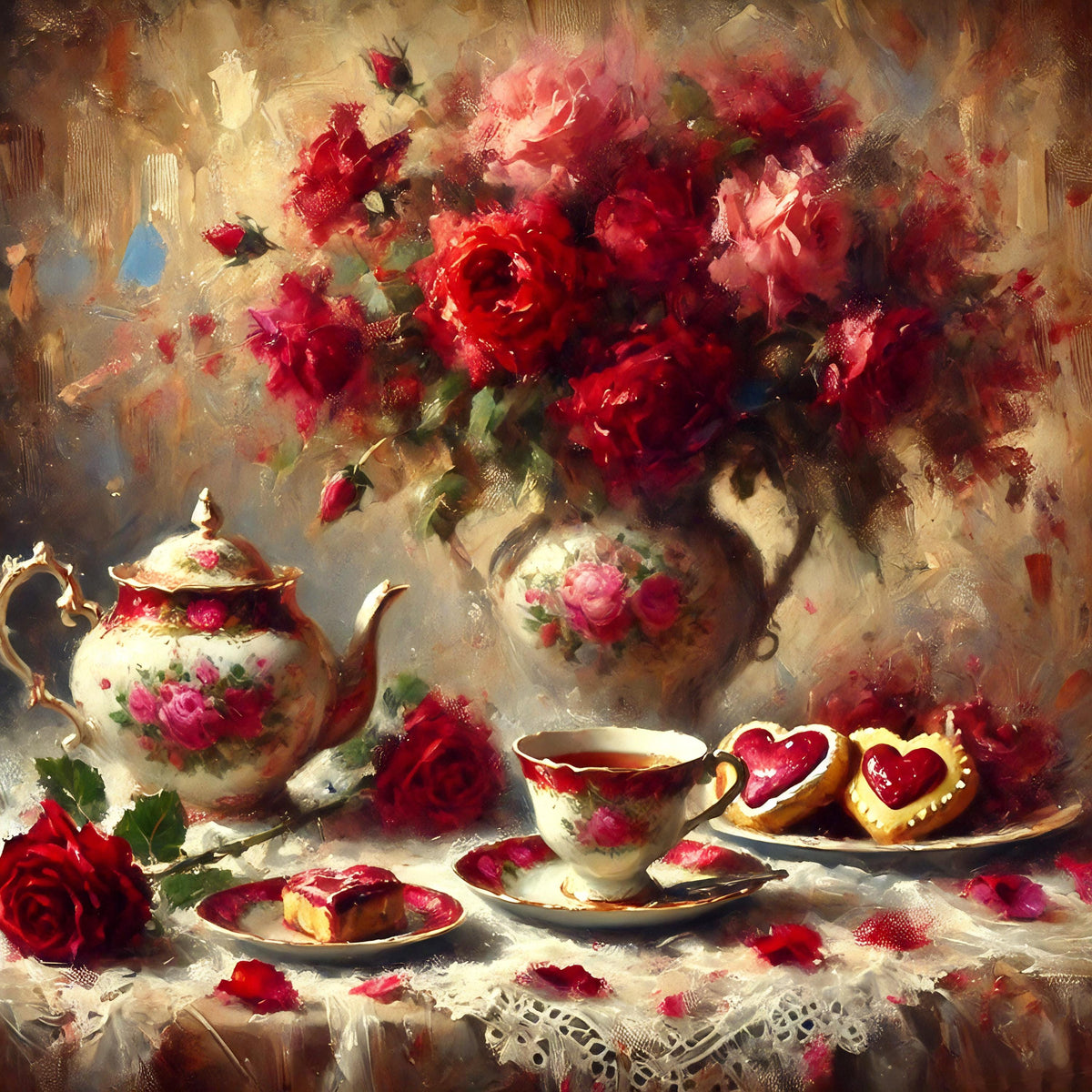 Vintage Tea and Roses Art Print: Romantic Valentine Still Life (Digital Download)