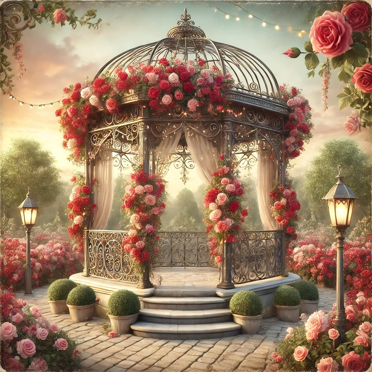 Vintage Rose Gazebo Print: Romantic Garden Scene, Valentine's Day Decor (Digital Download)