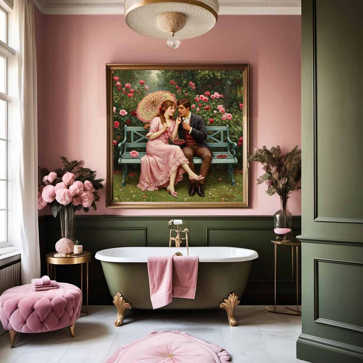 Victorian Couple Sharing Chocolate Print: Romantic Garden Scene (Digital Download)