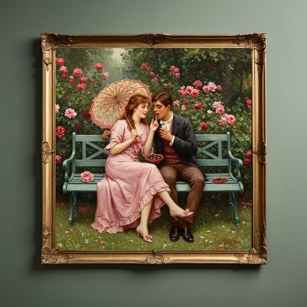 Victorian Couple Sharing Chocolate Print: Romantic Garden Scene (Digital Download)