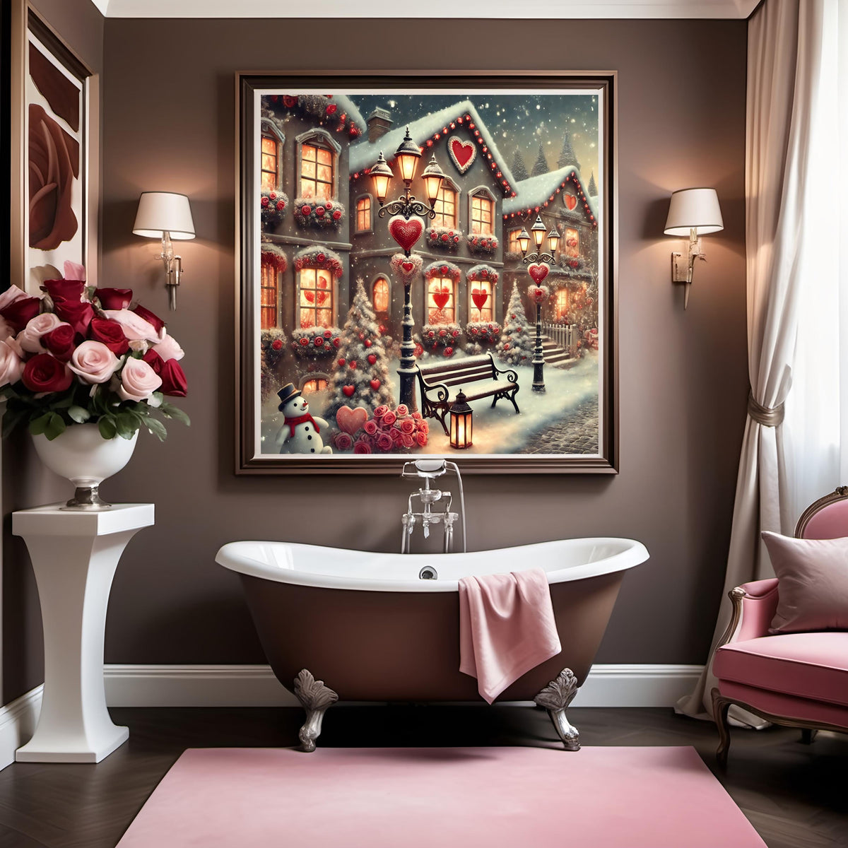 Valentine Winter Village Print: Romantic Snowy Town Decor (Digital Download)
