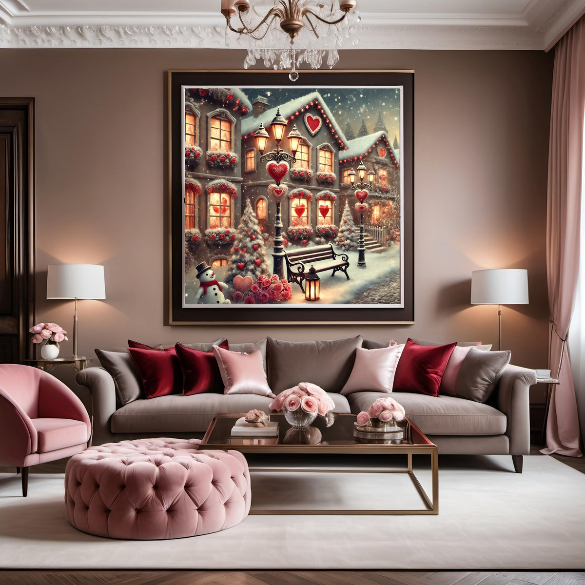 Valentine Winter Village Print: Romantic Snowy Town Decor (Digital Download)