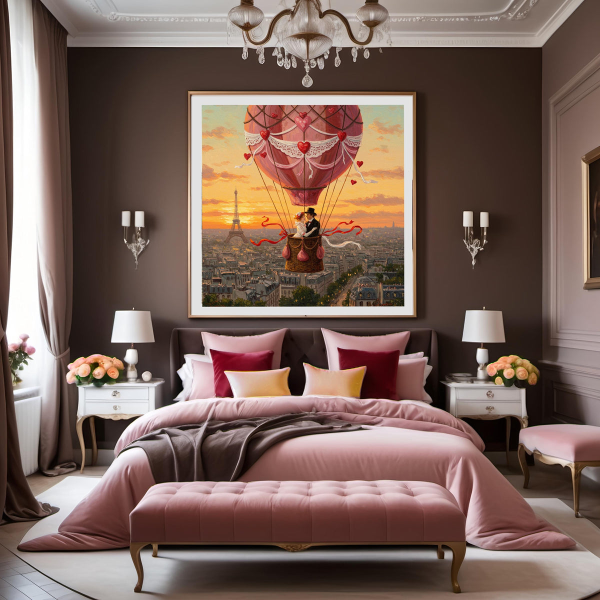 Paris Romance Hot Air Balloon Print: Vintage Eiffel Tower Sunset (Digital Download)