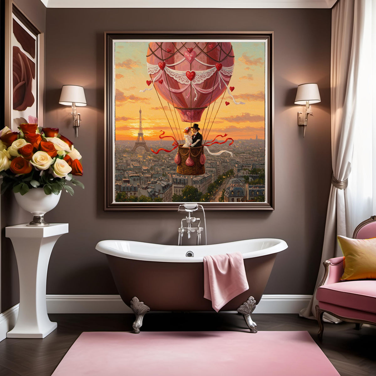 Paris Romance Hot Air Balloon Print: Vintage Eiffel Tower Sunset (Digital Download)