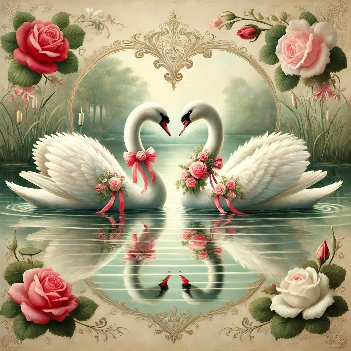 Romantic Swan Love Art: Vintage Floral Valentine's Decor (Digital Download)