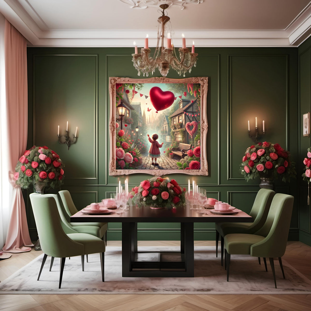 Valentine Village Art Print: Whimsical Heart Balloon, Cottagecore Decor (Digital Download)