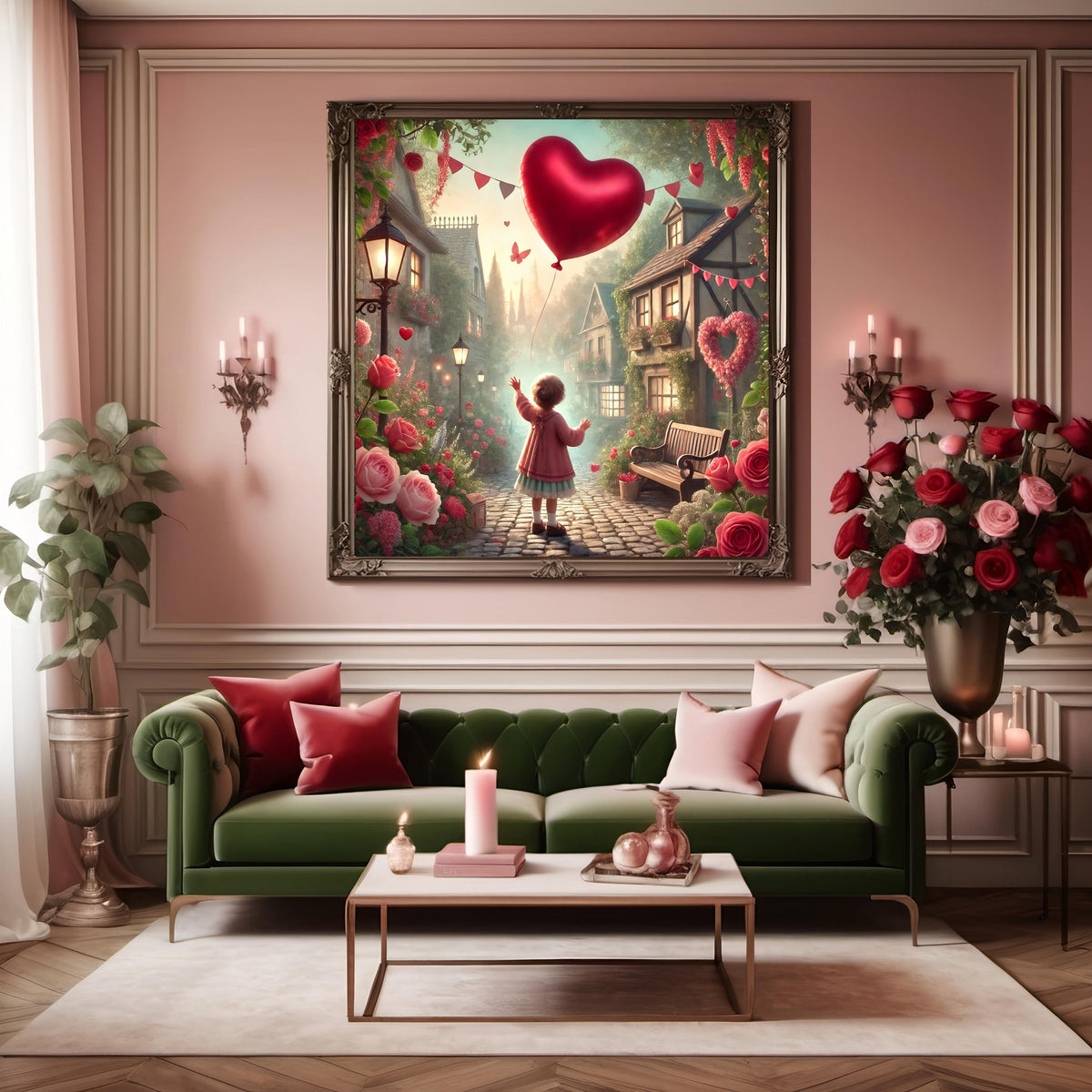 Valentine Village Art Print: Whimsical Heart Balloon, Cottagecore Decor (Digital Download)