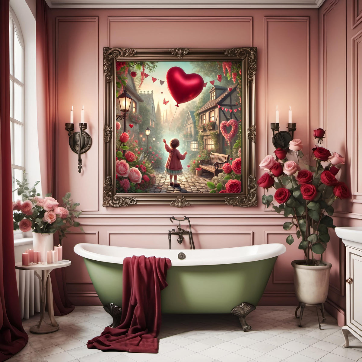 Valentine Village Art Print: Whimsical Heart Balloon, Cottagecore Decor (Digital Download)