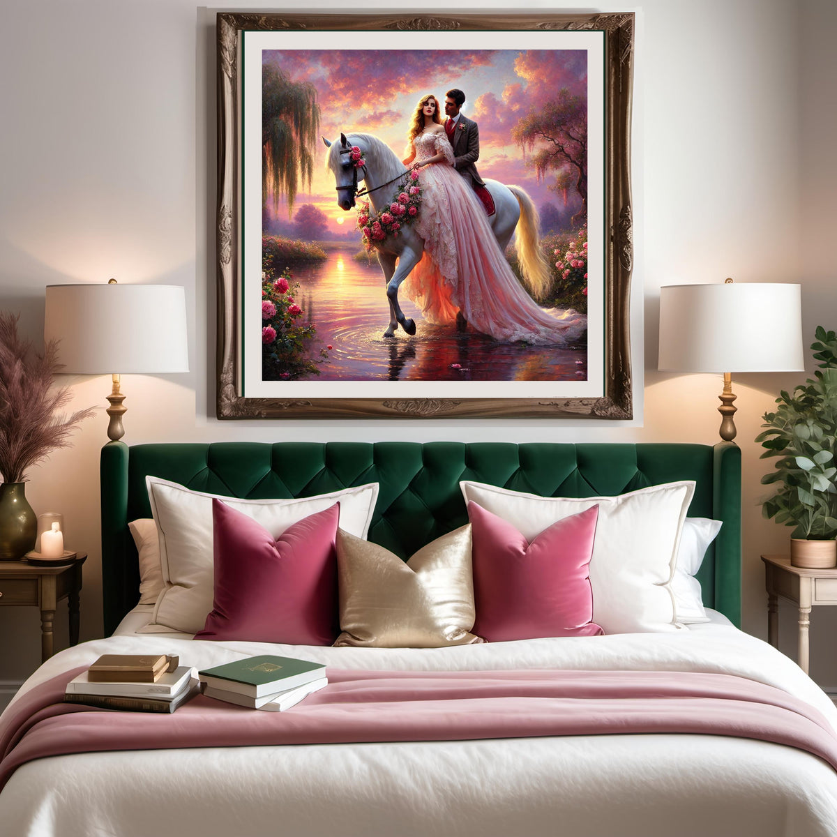 Romantic Horseback Ride Art Print: Fairytale Couple, Sunset Scene (Digital Download)