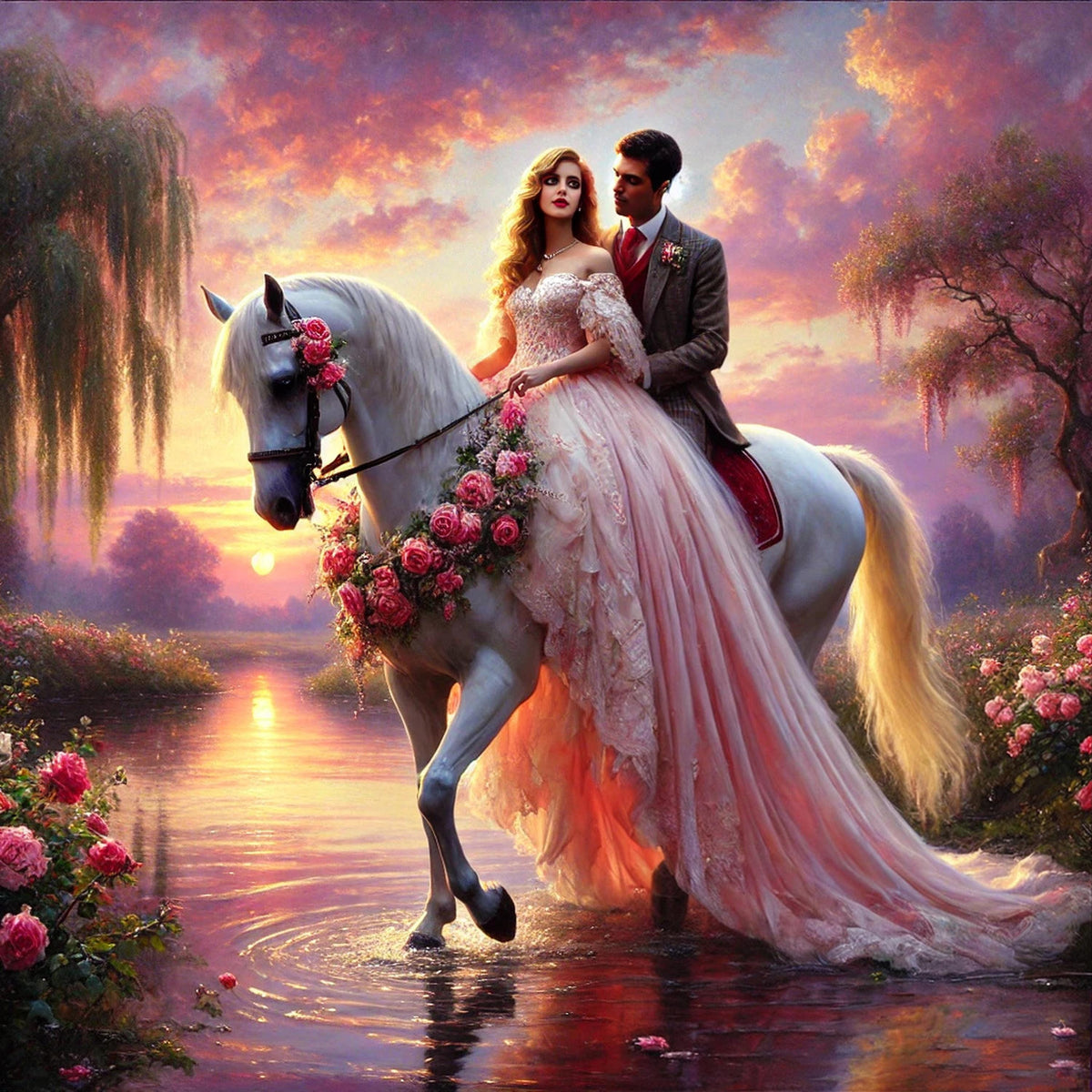 Romantic Horseback Ride Art Print: Fairytale Couple, Sunset Scene (Digital Download)