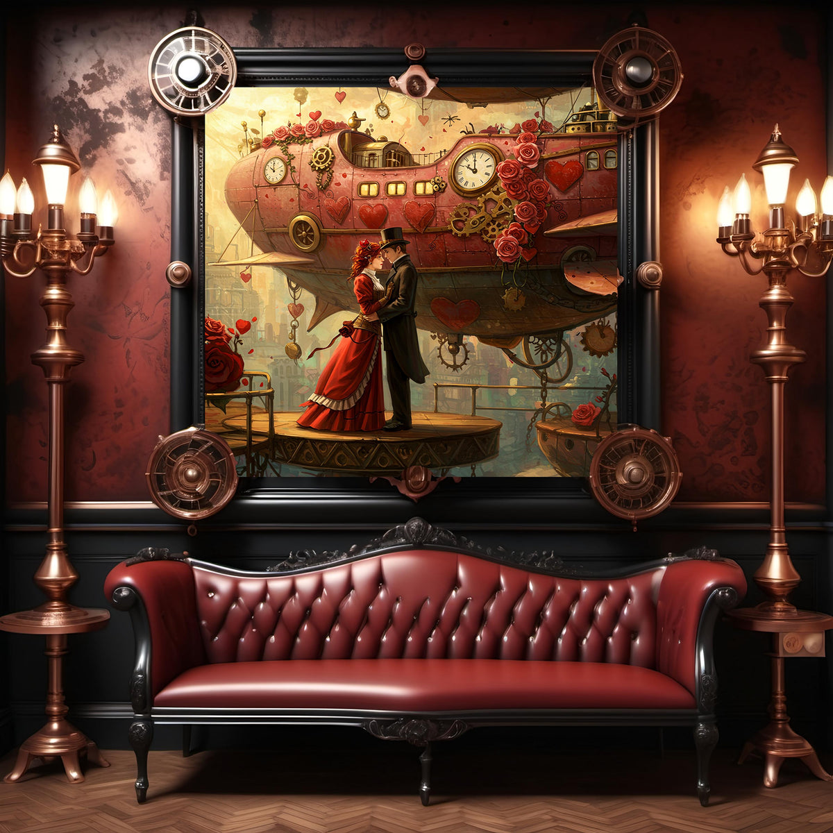 Steampunk Romance Airship Art: Victorian Couple Valentine's Gift (Digital Print)